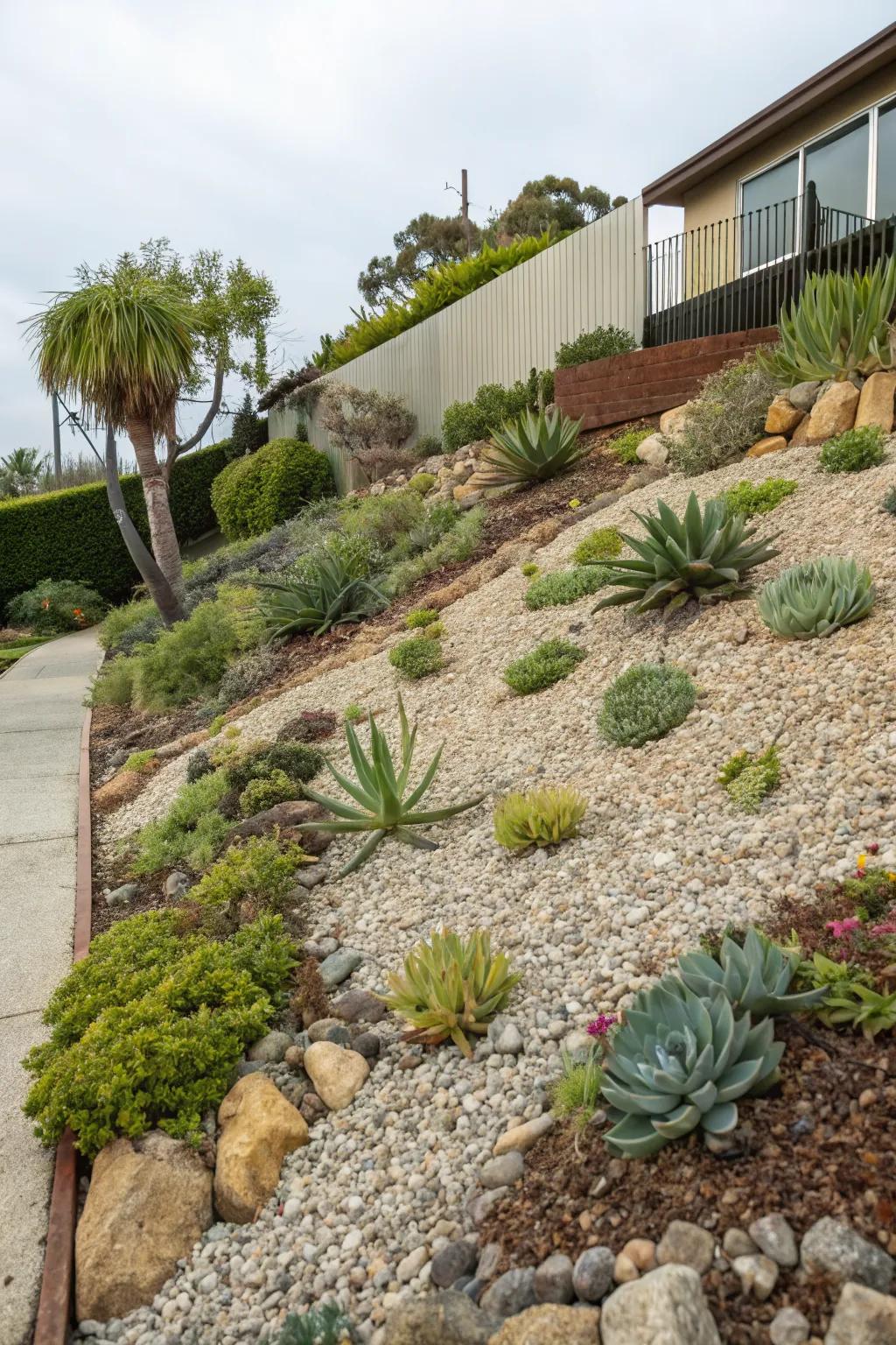 Create a modern, low-maintenance look with gravel patches.
