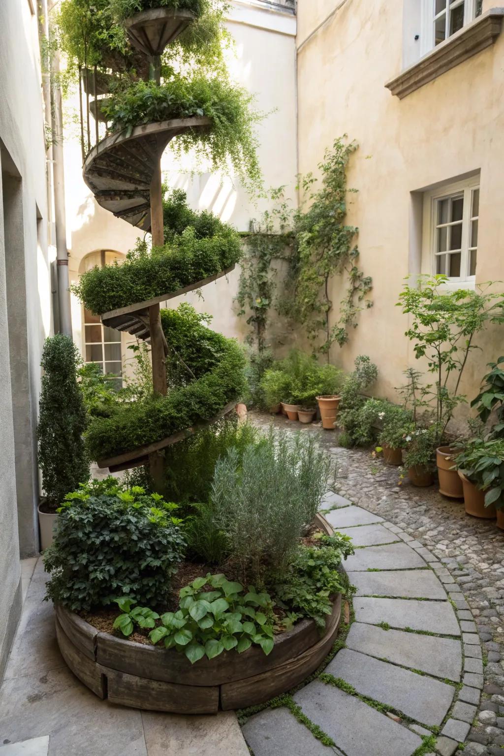 A vertical herb spiral is functional and visually appealing.