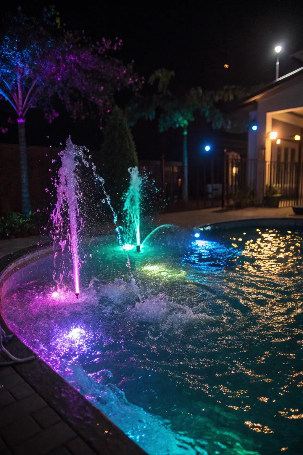 Colorful lighting brings a vibrant atmosphere to splash pools.