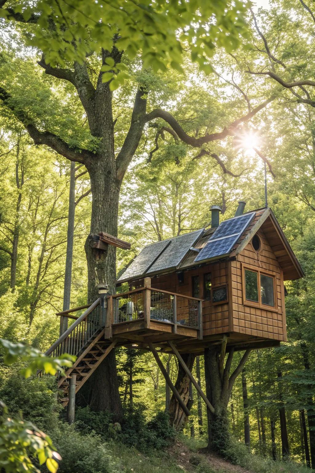 A tree house equipped with solar panels, showcasing sustainable and modern energy solutions.
