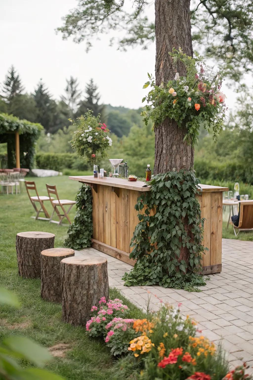 A functional outdoor bar crafted from small tree stumps.