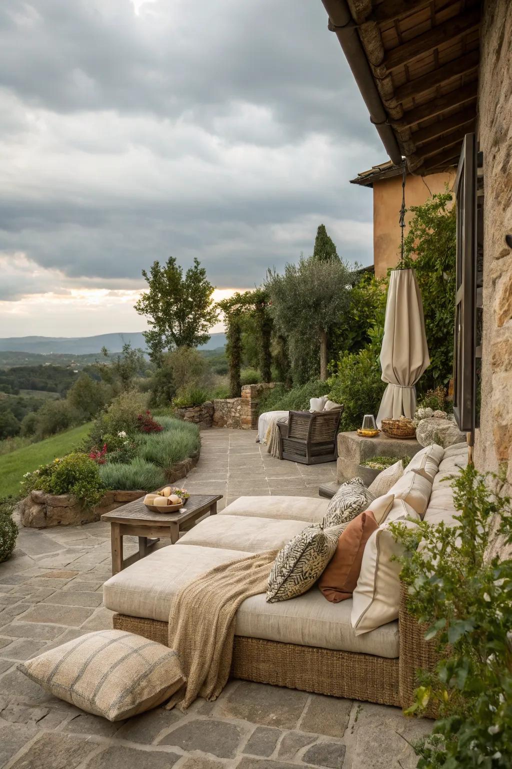 Natural fabrics enhance the rustic feel of this Tuscan patio.