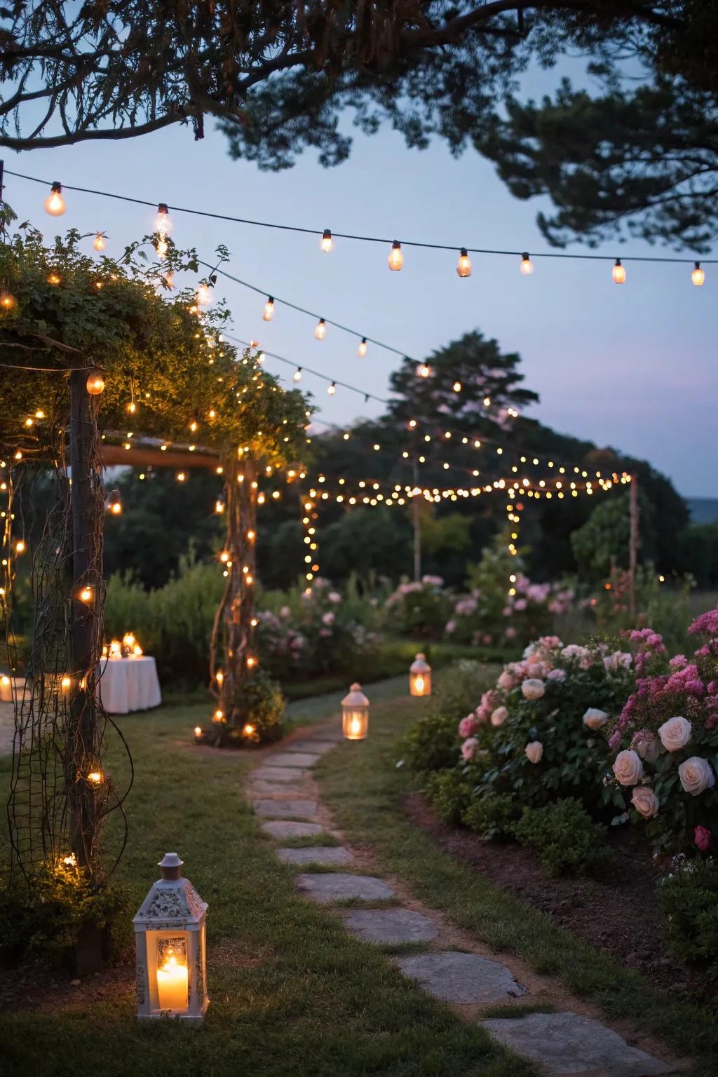 Creative lighting transforms the garden into an enchanting evening retreat.