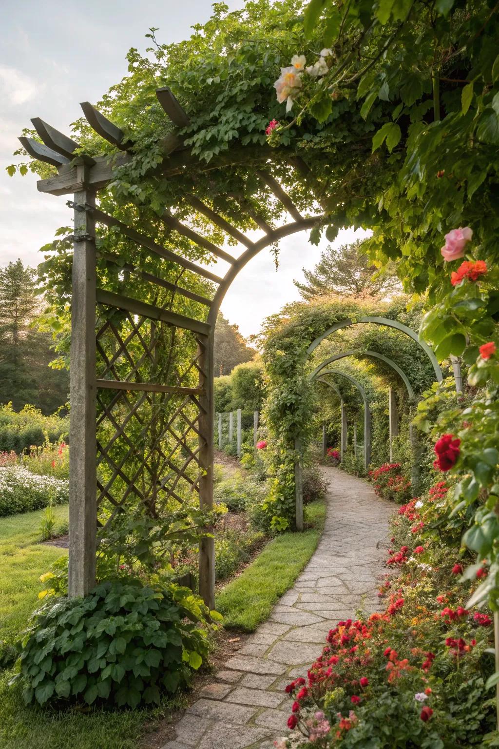 Garden arbors and trellises adding structure and beauty.