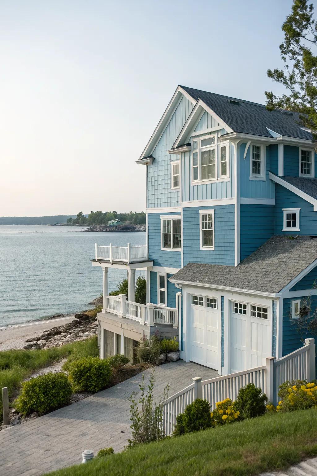 Coastal blues and whites create a tranquil, serene atmosphere.