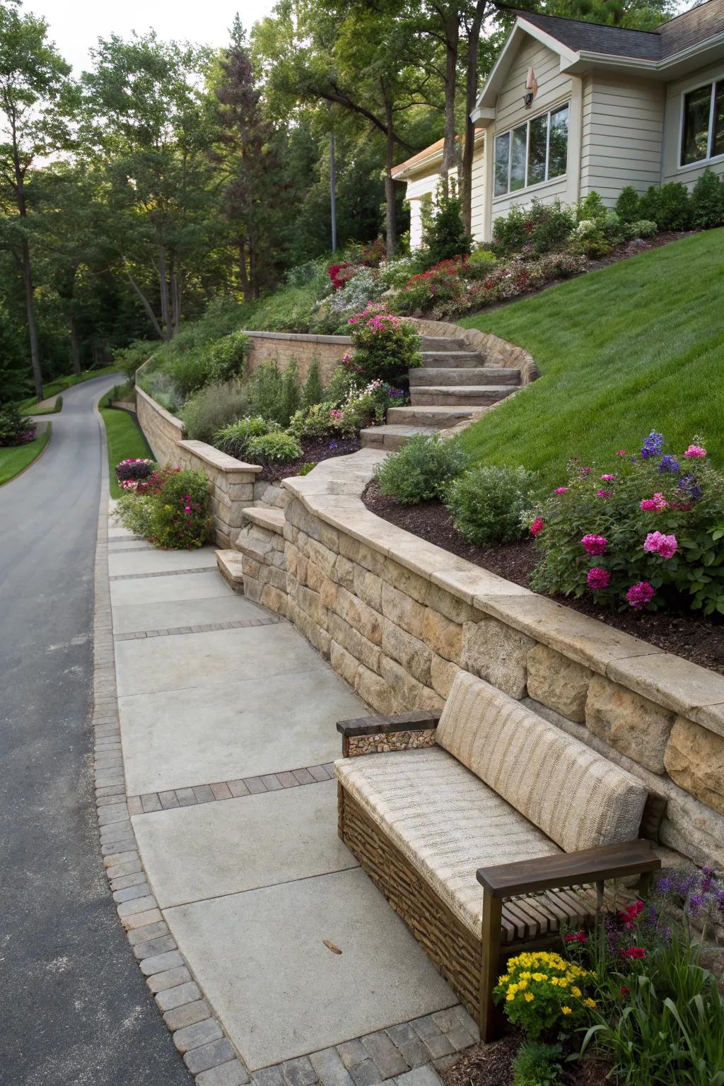 Retaining wall seating adds functionality and charm.