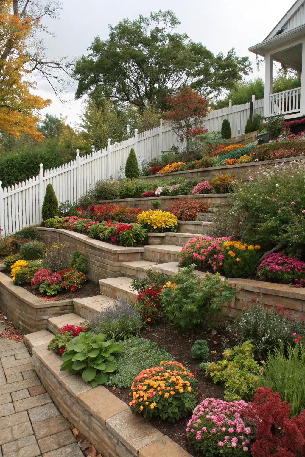 Seasonal plantings keep terraces vibrant all year long.