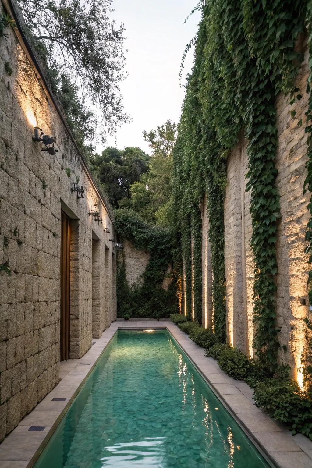 Stone privacy walls offer seclusion and enhance the pool's atmosphere.