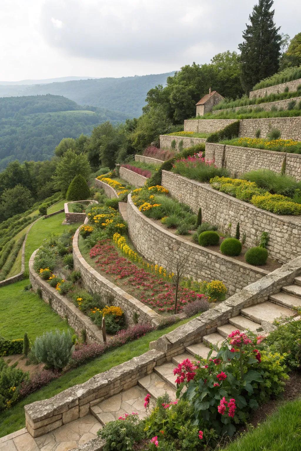 Stone terraces transform slopes and prevent erosion in gardens.