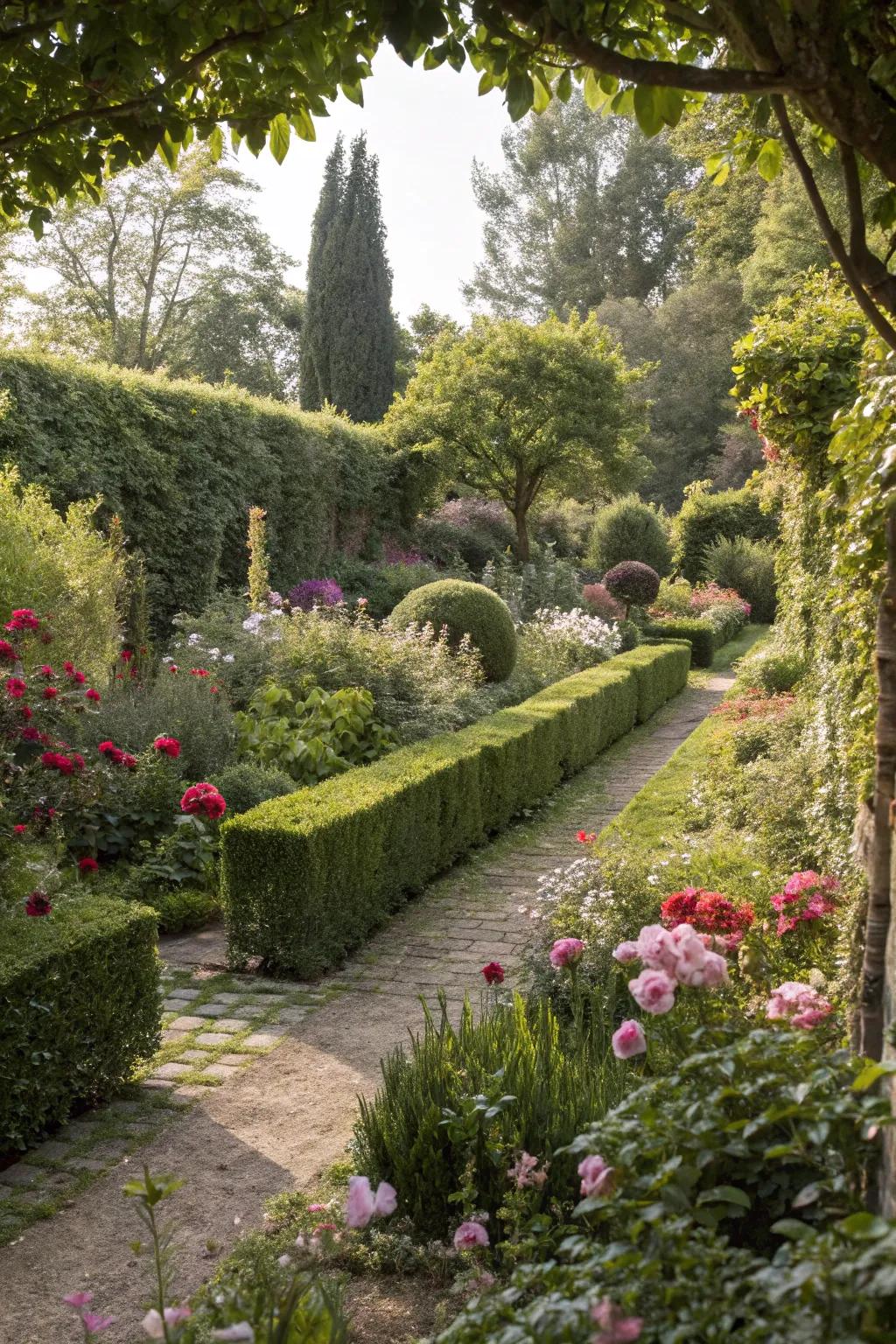 Tranquil and lush garden with hedge borders.