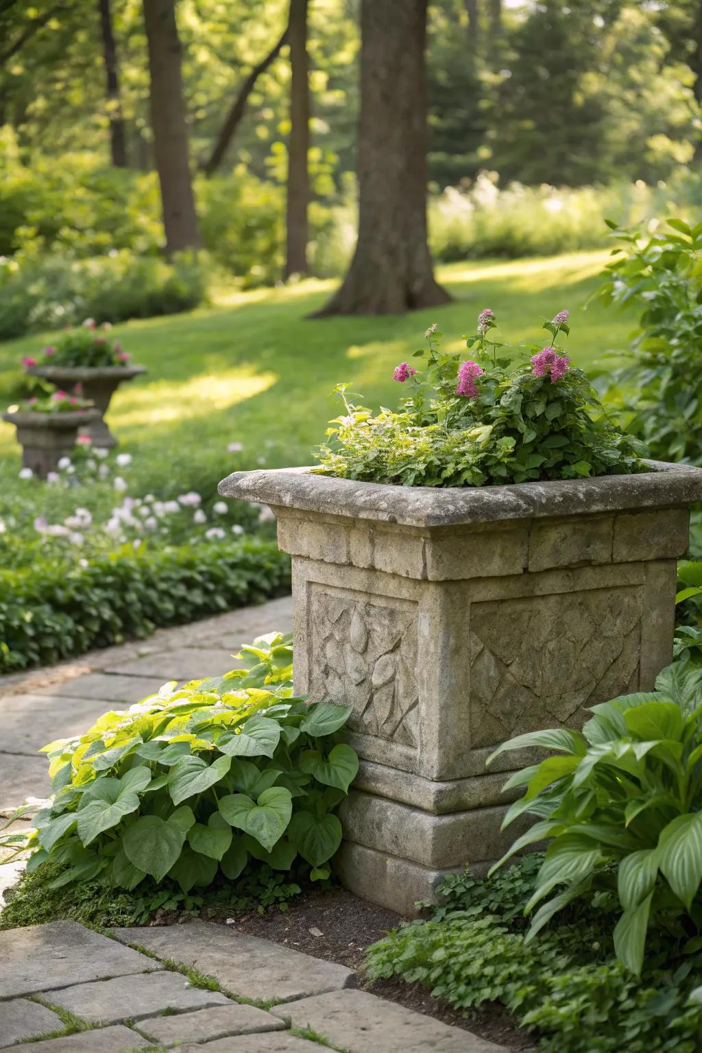 An eco-friendly stone planter, blending sustainability with style.