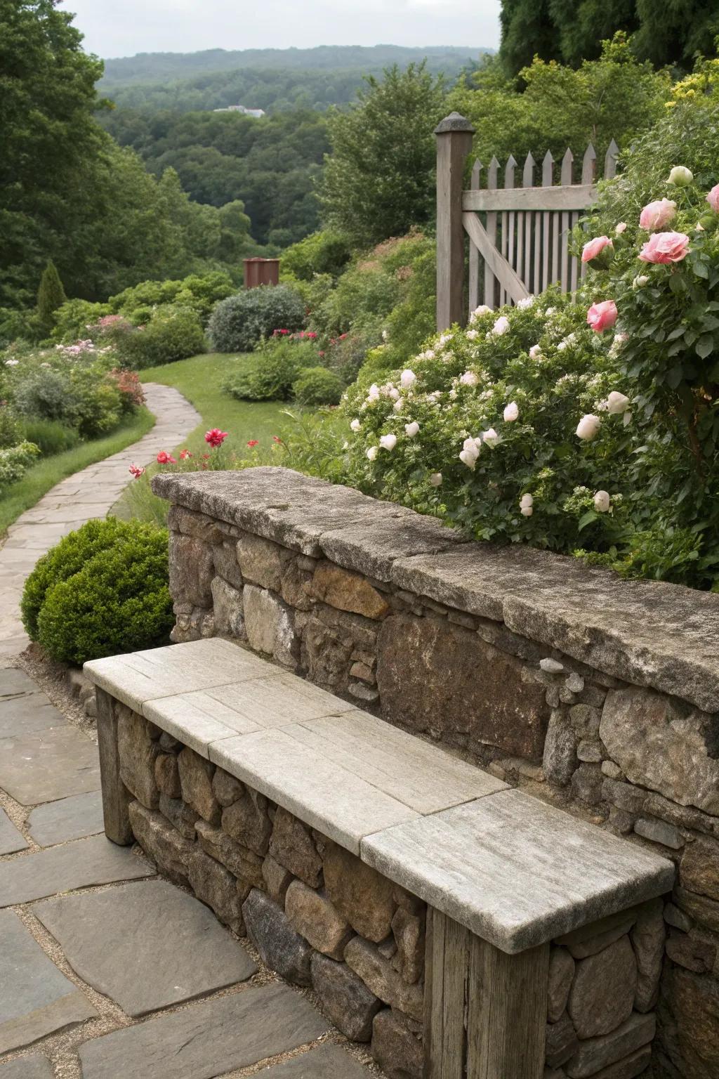 Built-in bench within a stone wall offers seating with a view.