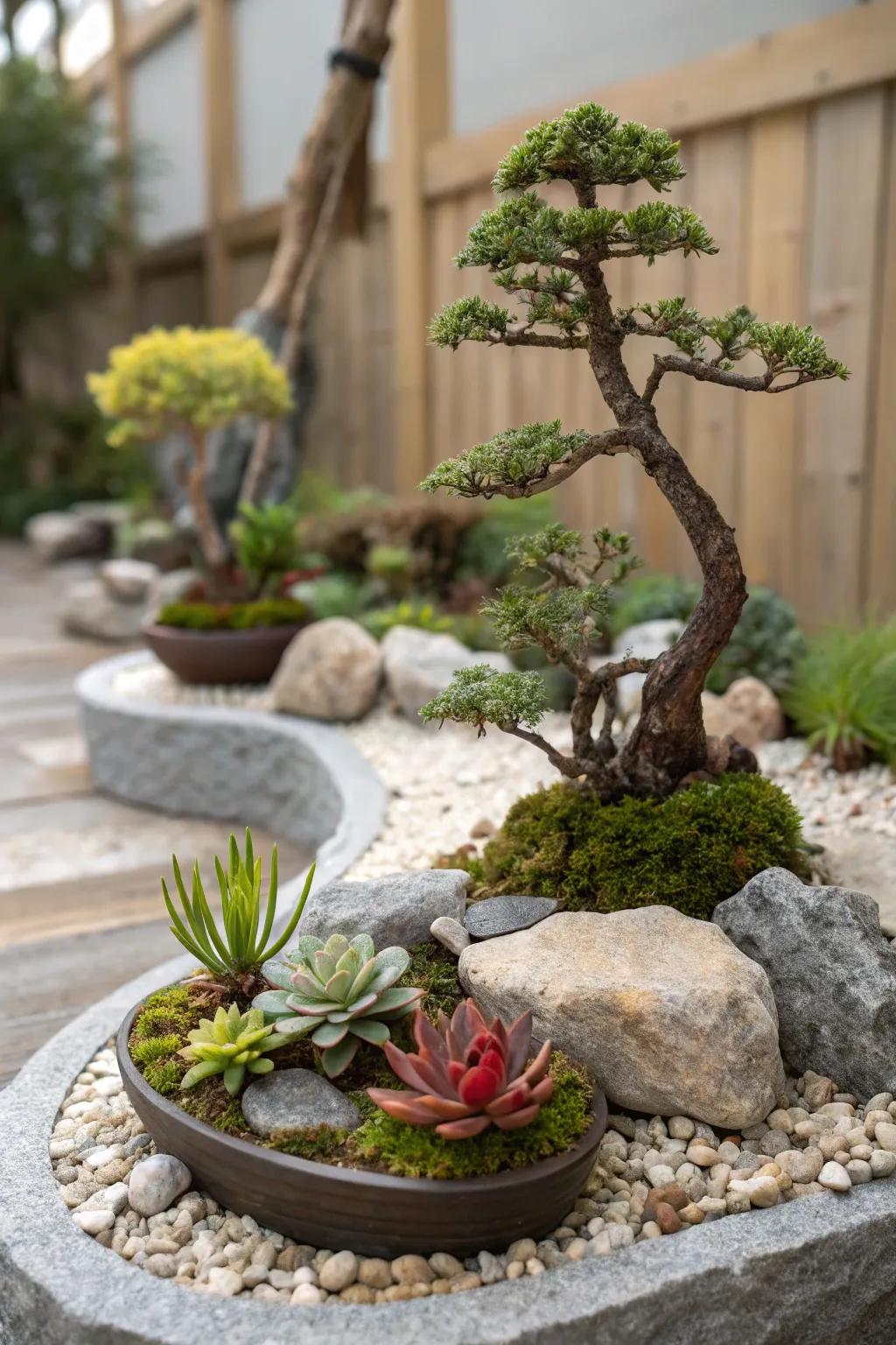 A miniature landscape brings a whimsical touch to the garden.
