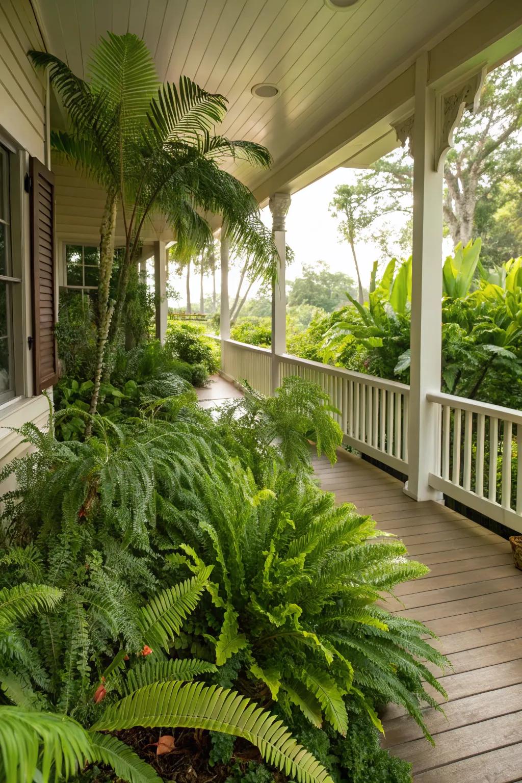 Tropical plants bring a lush, exotic vibe to the porch.