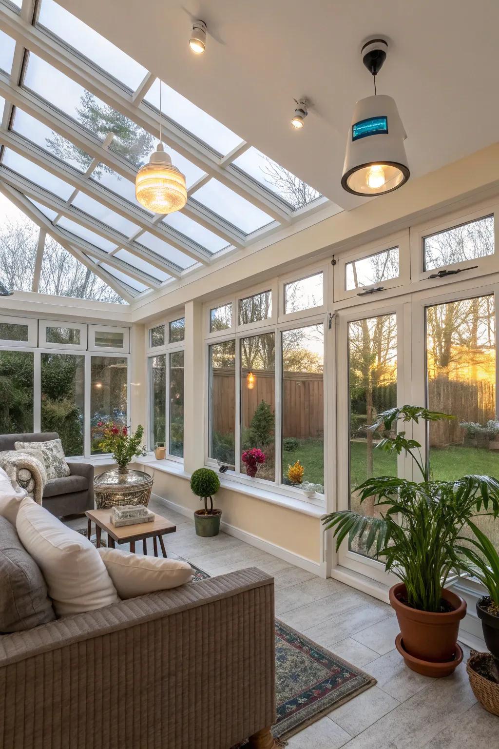 Smart lighting adds versatility to your sunroom.