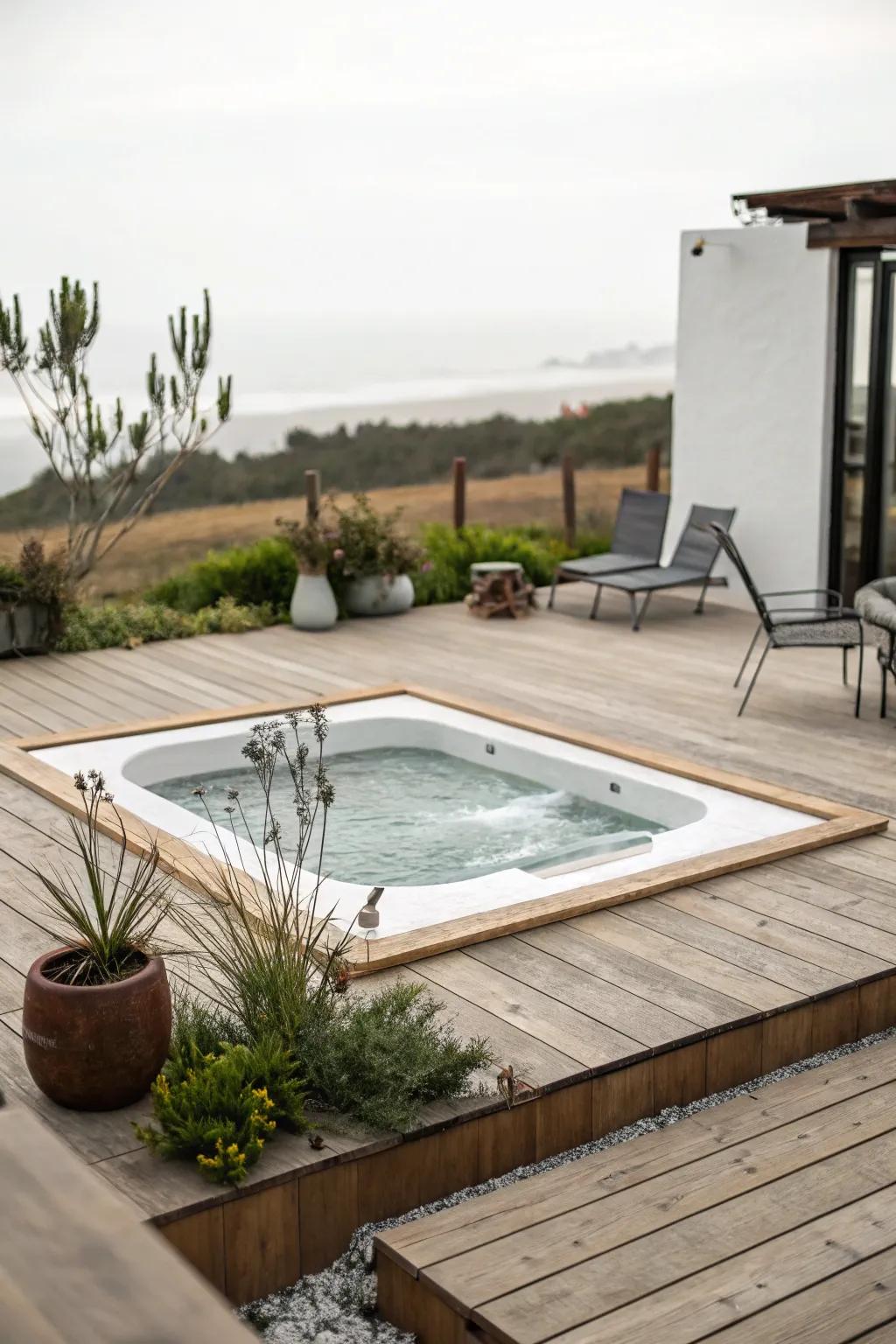 A minimalist design promotes tranquility around the hot tub.