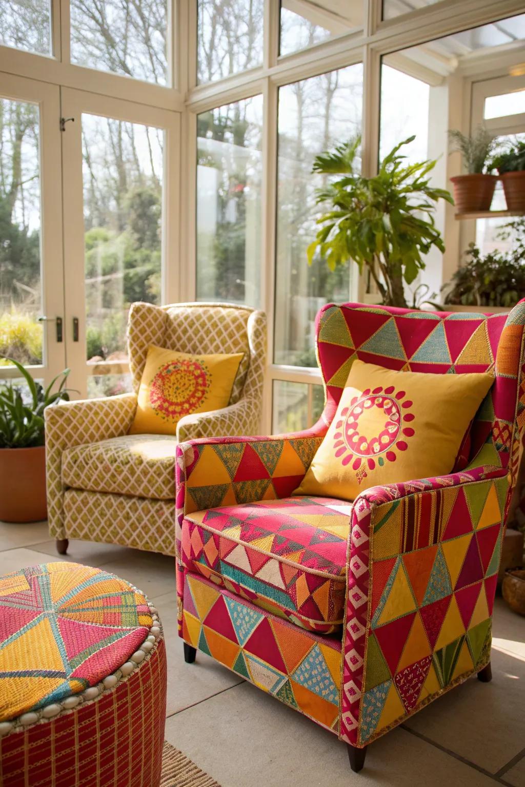 Geometric chairs bring a contemporary edge to this stylish sunroom.