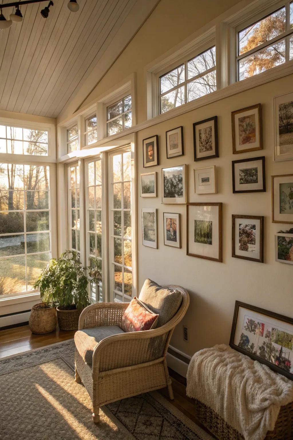 A gallery wall adds a personal and artistic flair to the sunroom.