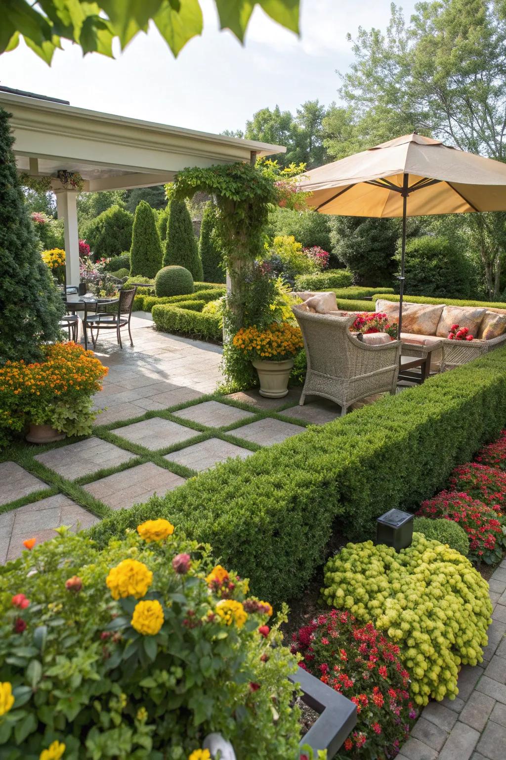 Colorful patio paradise with sunshine ligustrum for outdoor fun.