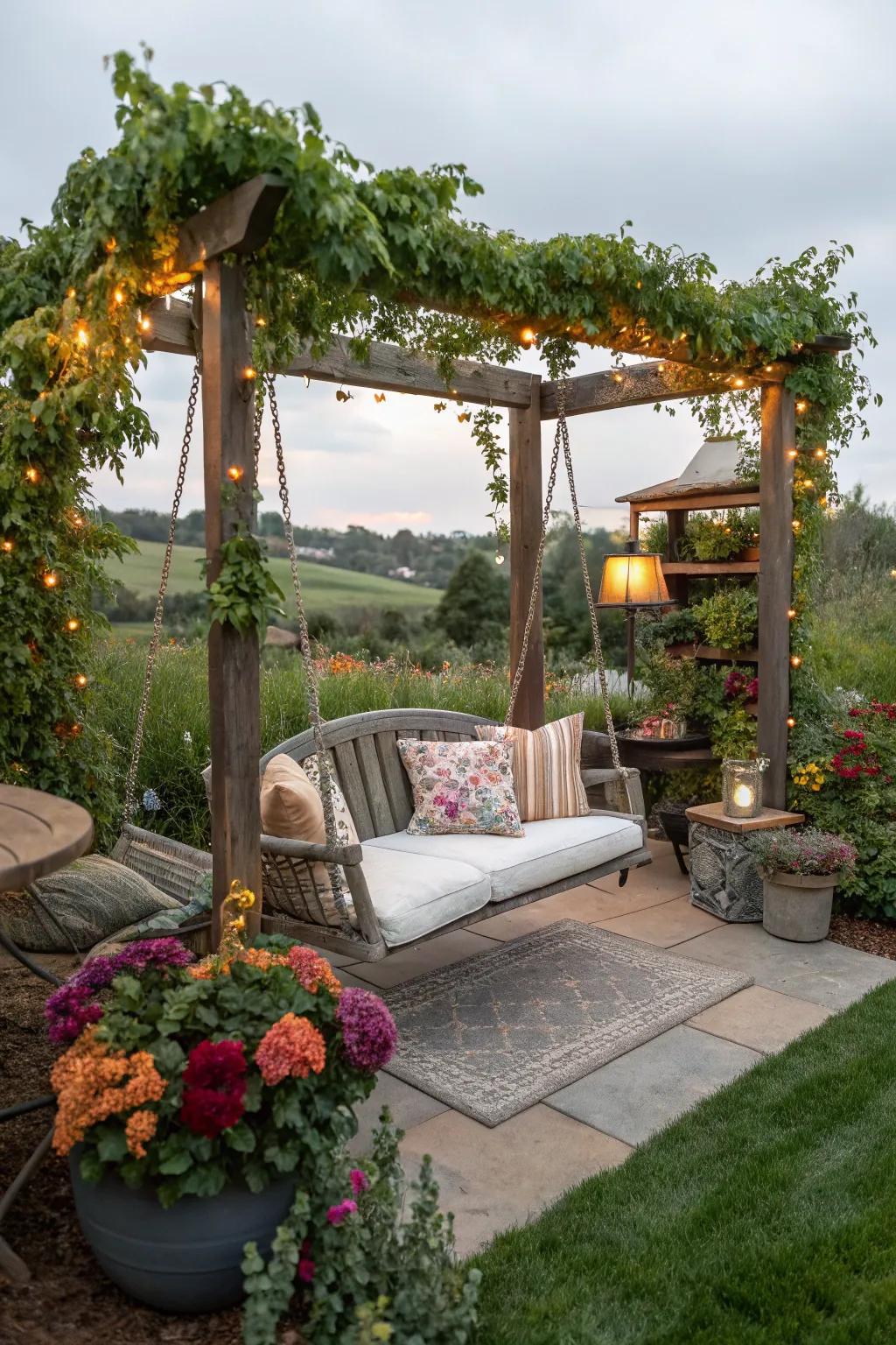 A backyard swing set doubling as a mini garden retreat with fragrant plants.