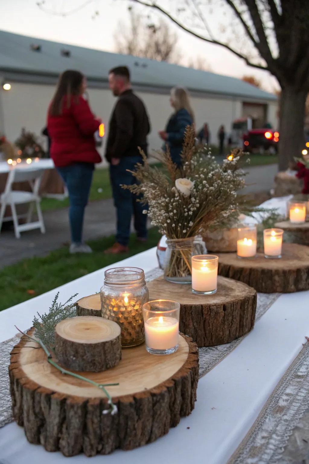 Create an inviting atmosphere with rustic centerpieces.