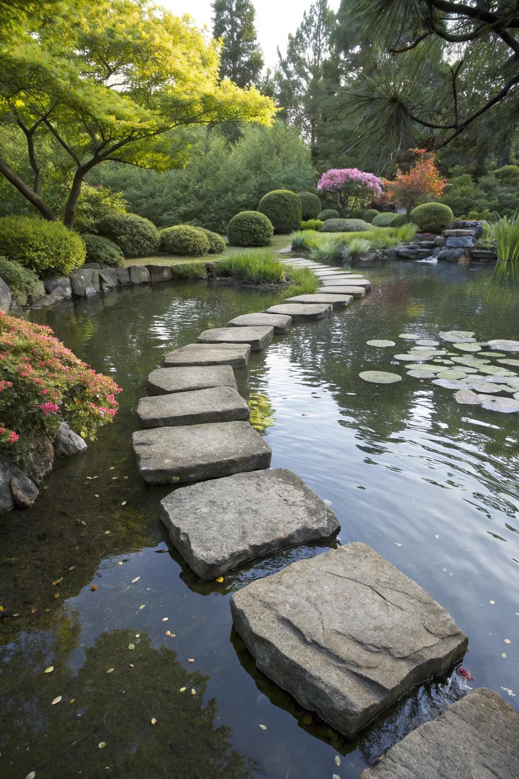 Floating stone paths create a magical garden feature.