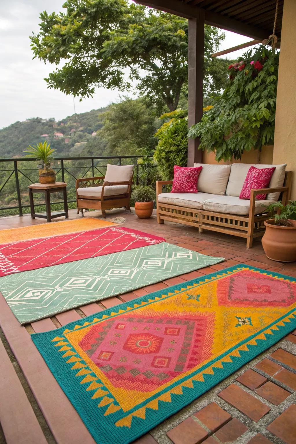 Dynamic outdoor rugs define spaces and add color to a terrace.