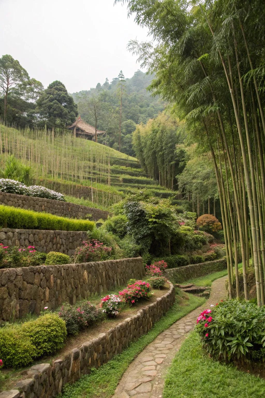 Terraced garden with bamboo providing a natural privacy screen between layers on a slope.