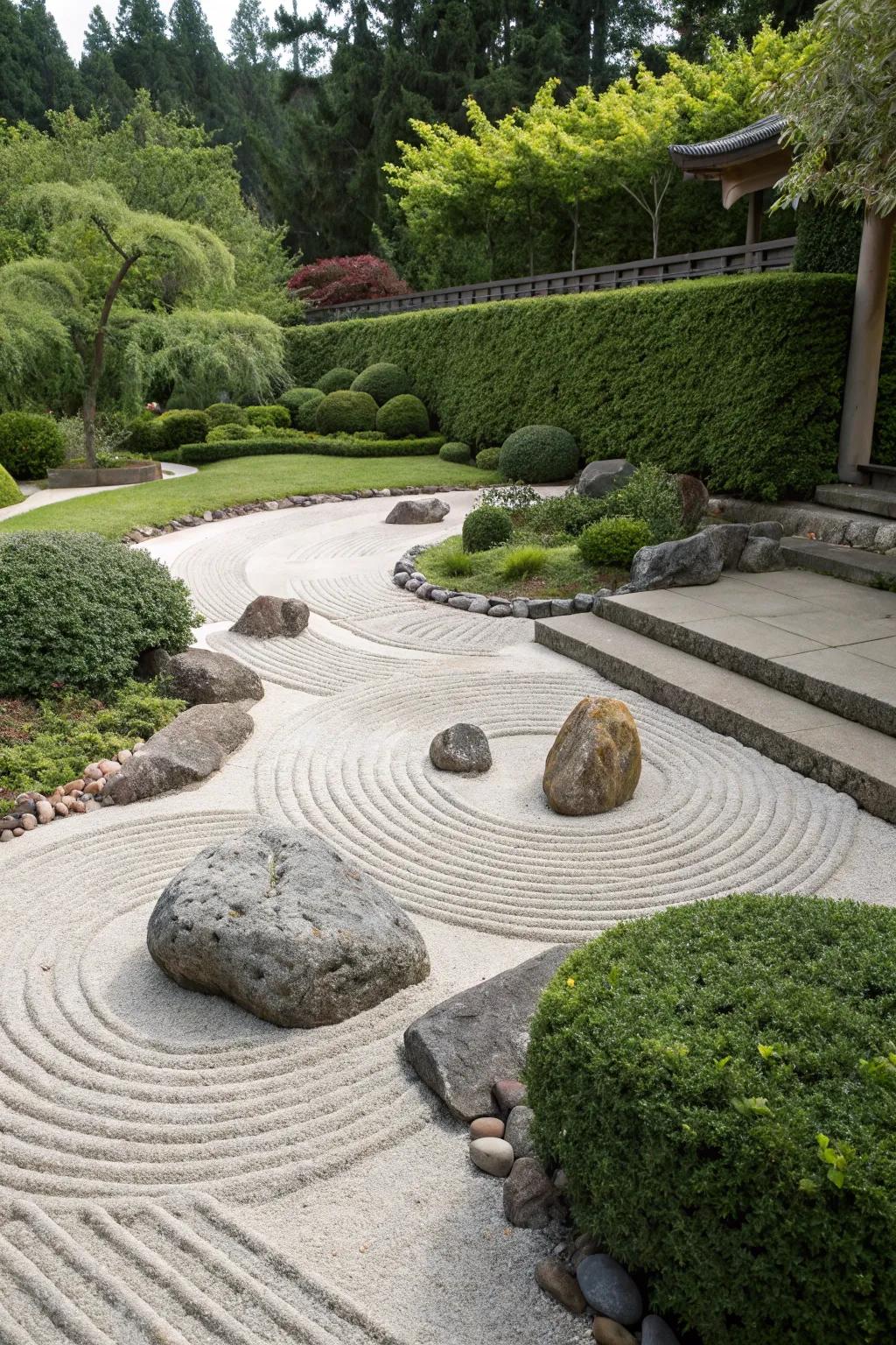 A Zen garden brings tranquility and mindfulness.