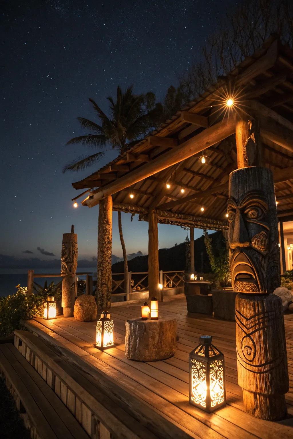 Lanterns add a romantic glow to the deck