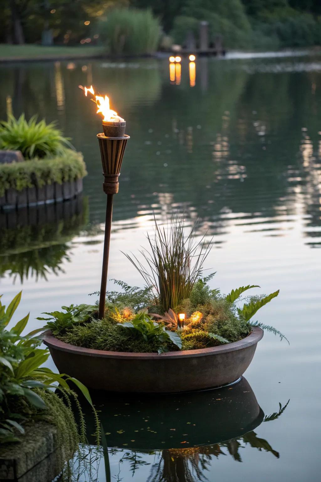 Floating tiki planters create captivating reflections on water surfaces.