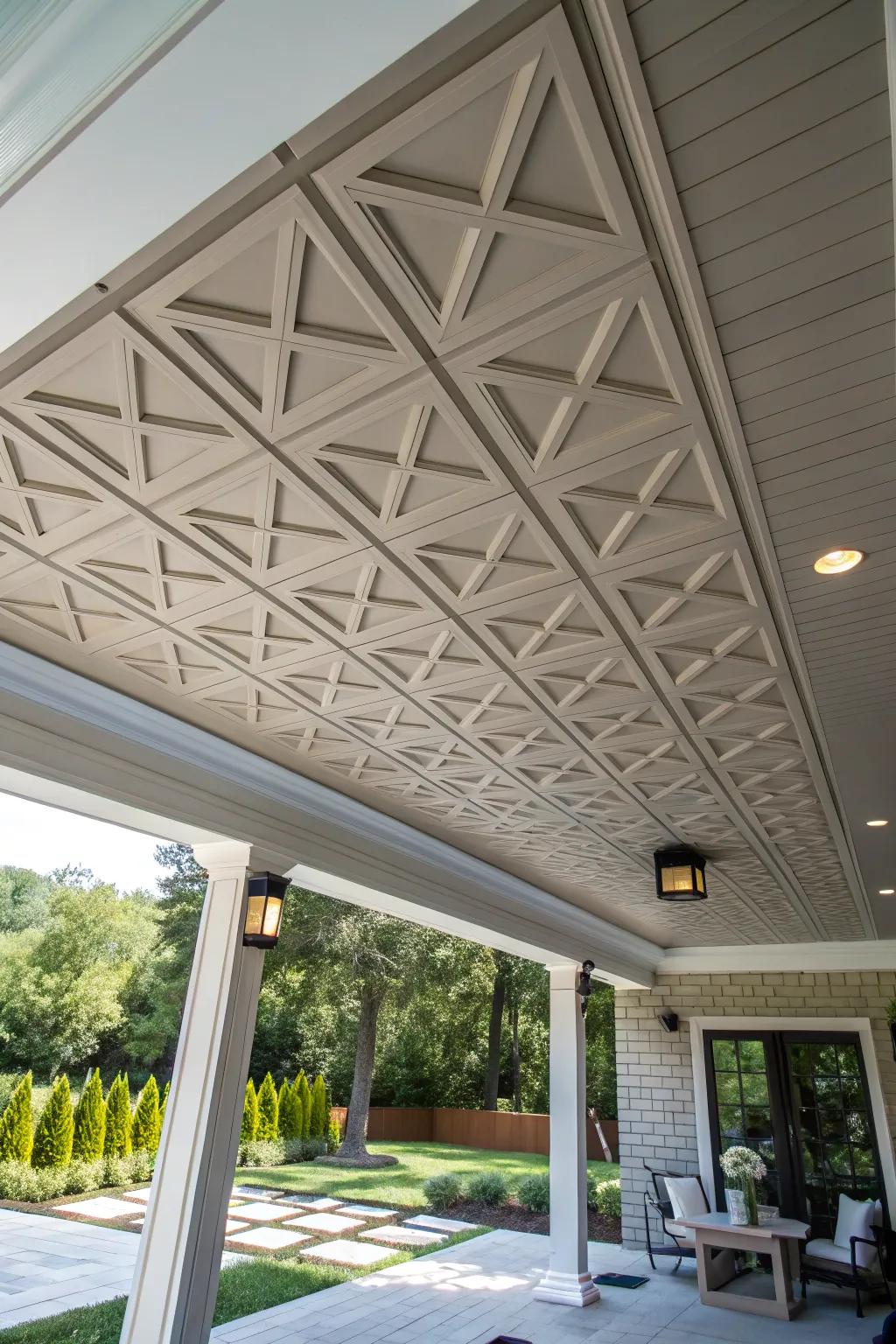Geometric patterns add a modern edge to any ceiling design.