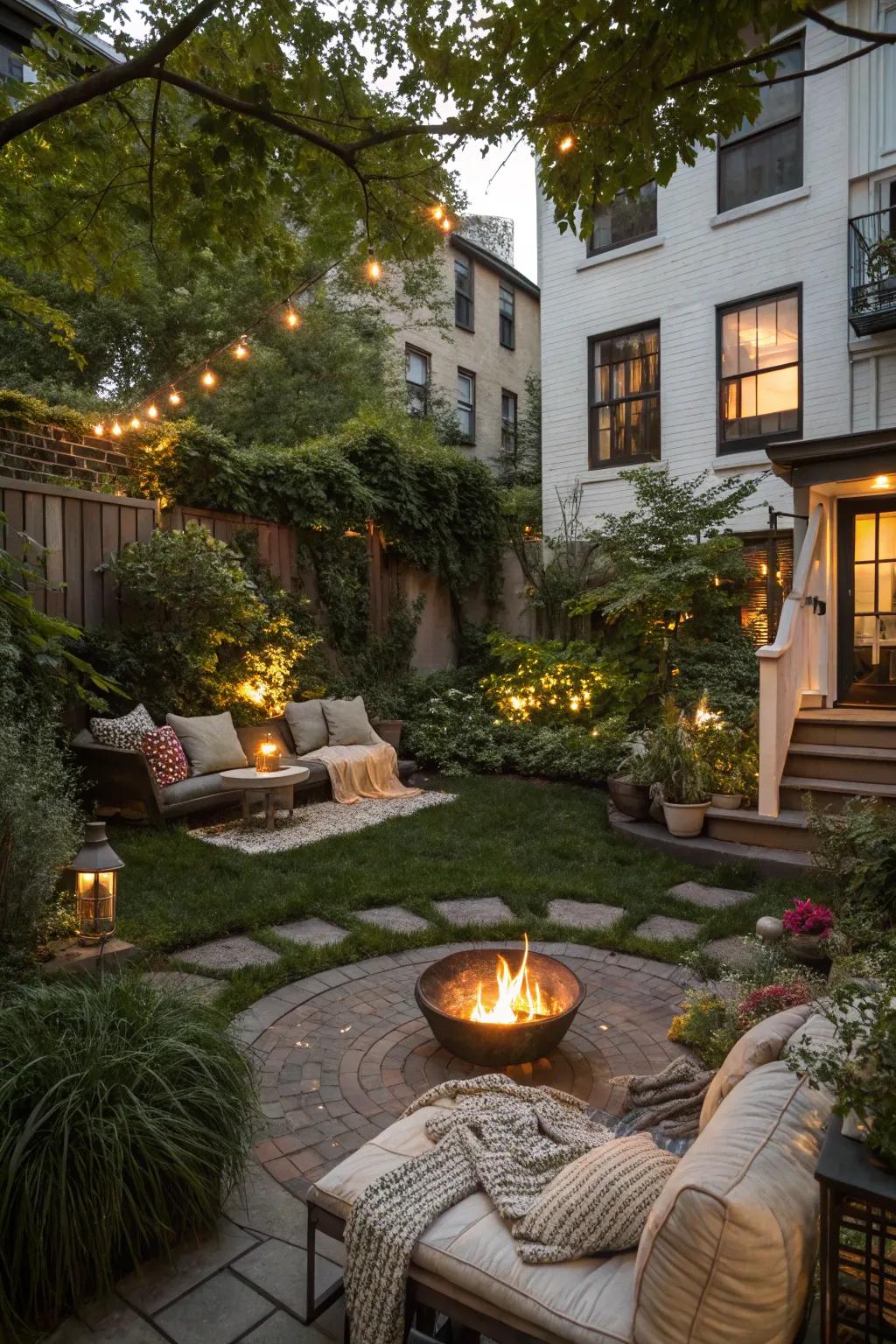 A small fire pit creating a cozy gathering area in a townhouse garden.