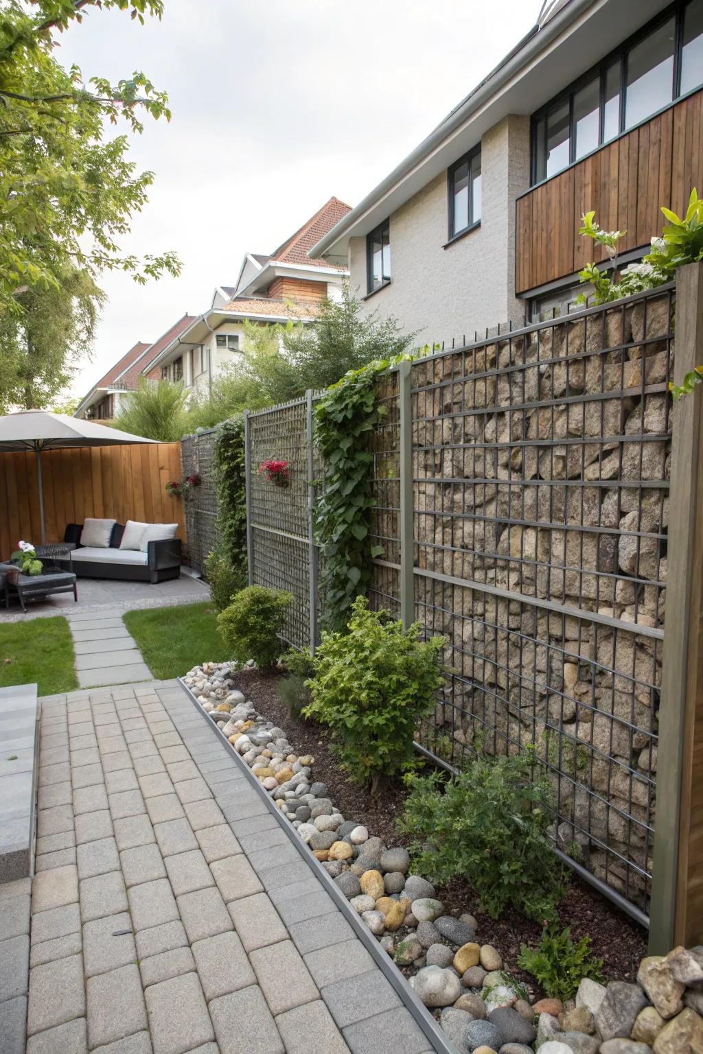 Gabion walls offer a unique and sturdy privacy solution.