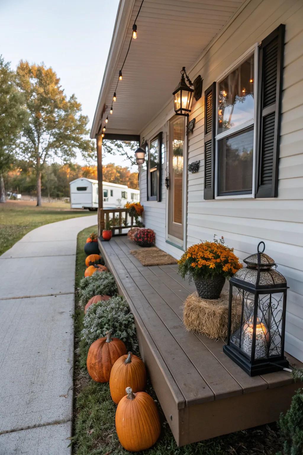 A trailer front porch with delightful seasonal decor swaps.