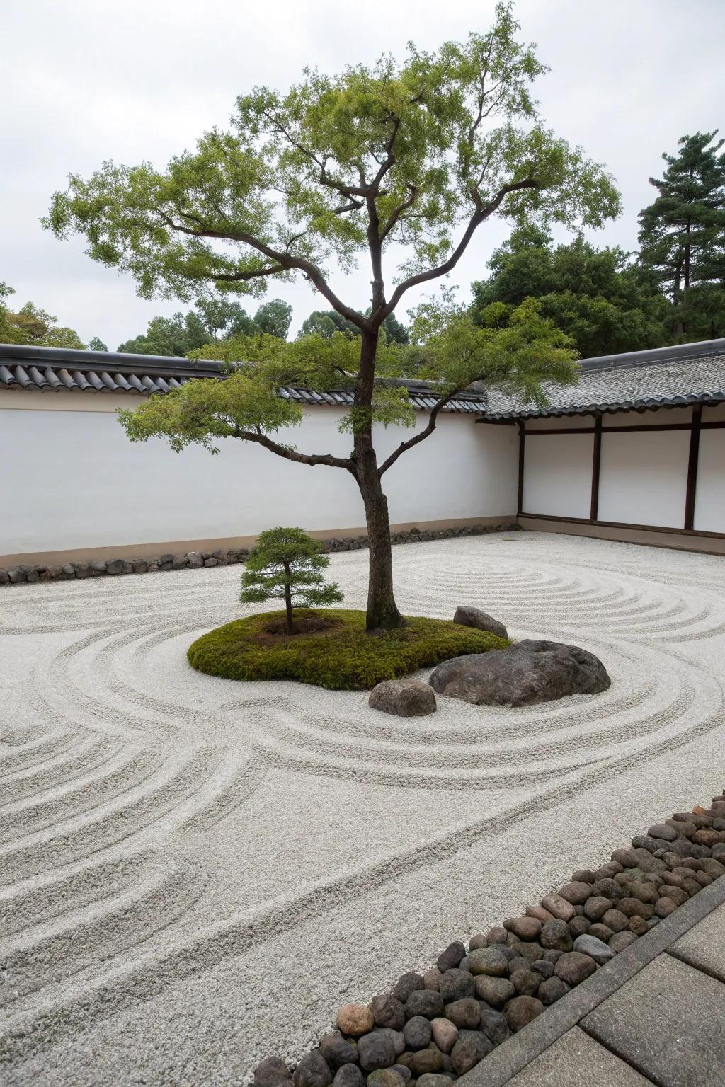 A Zen garden around a tree creates a peaceful and calming space.