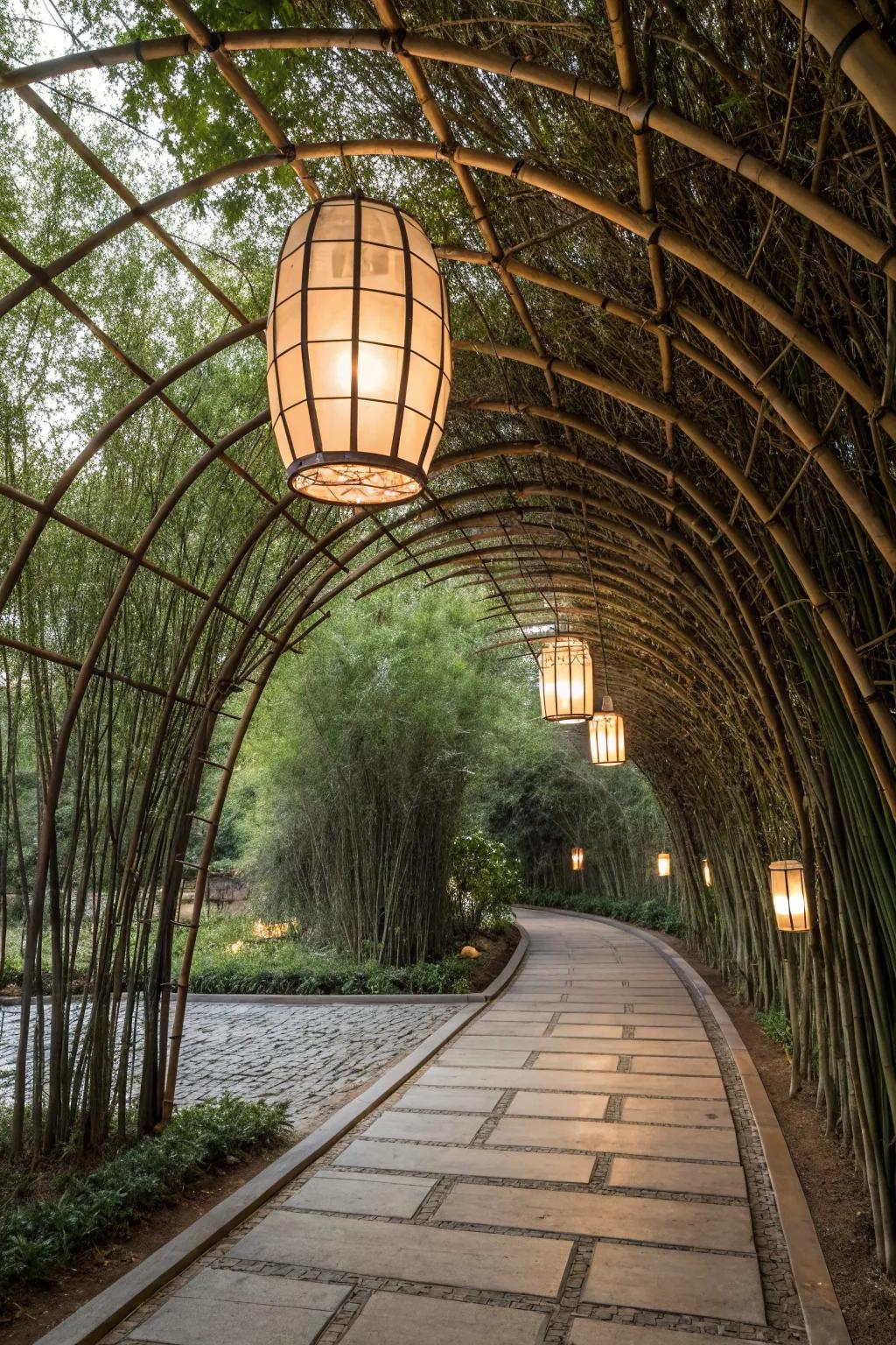 A zen retreat with bamboo trellis and softly glowing lanterns.