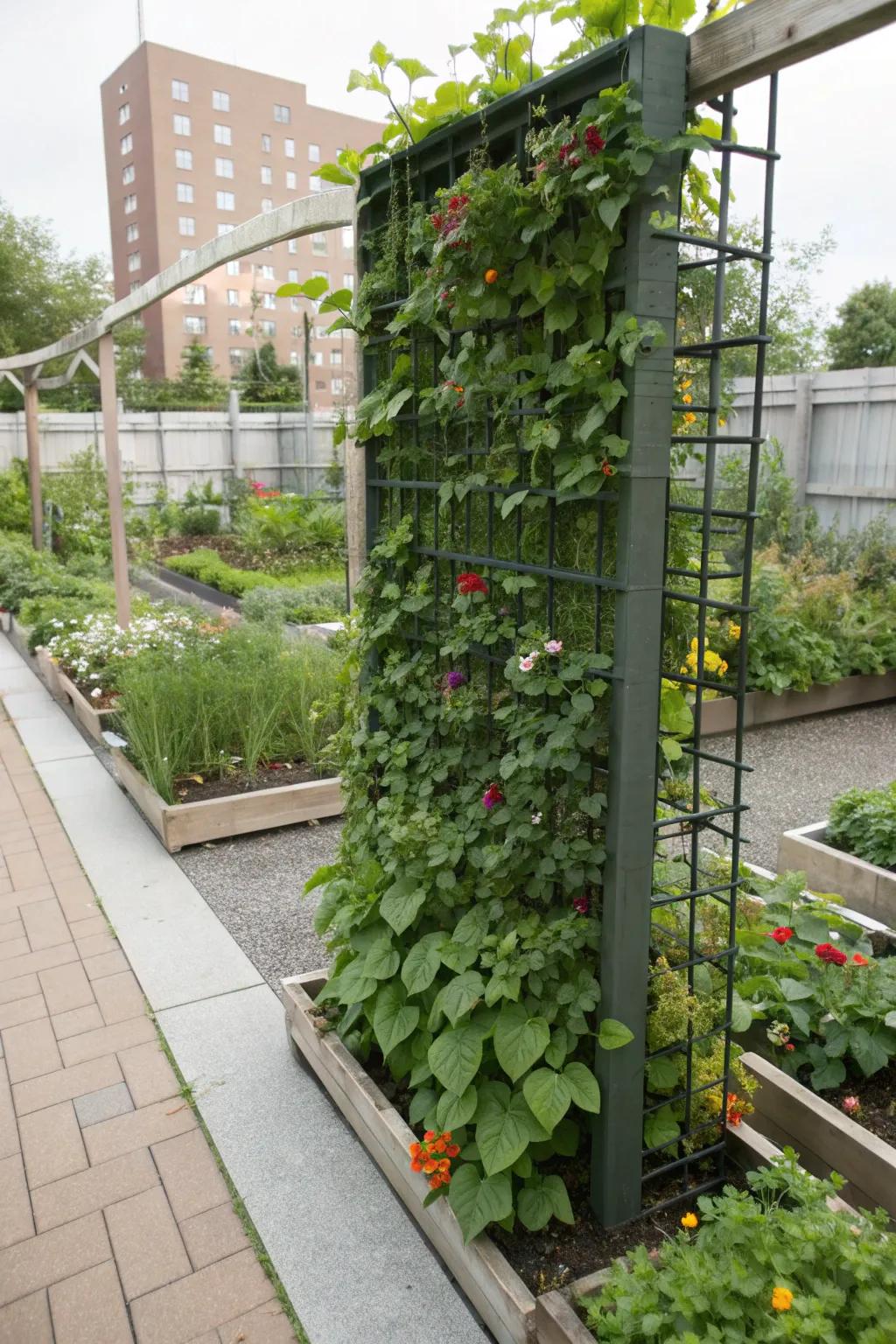 A vertical garden trellis displays a lush variety of plants in a compact garden.