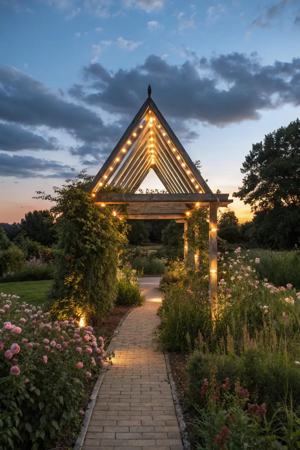 Eco-friendly solar lights illuminating a triangle pergola at dusk.