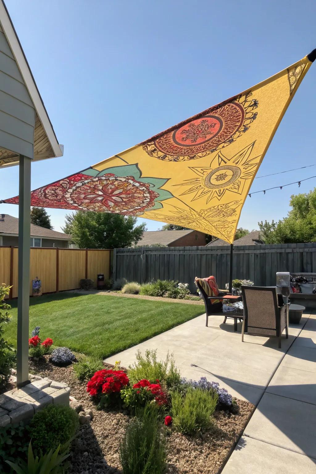 Custom designs on triangle sun shades add a personal touch.