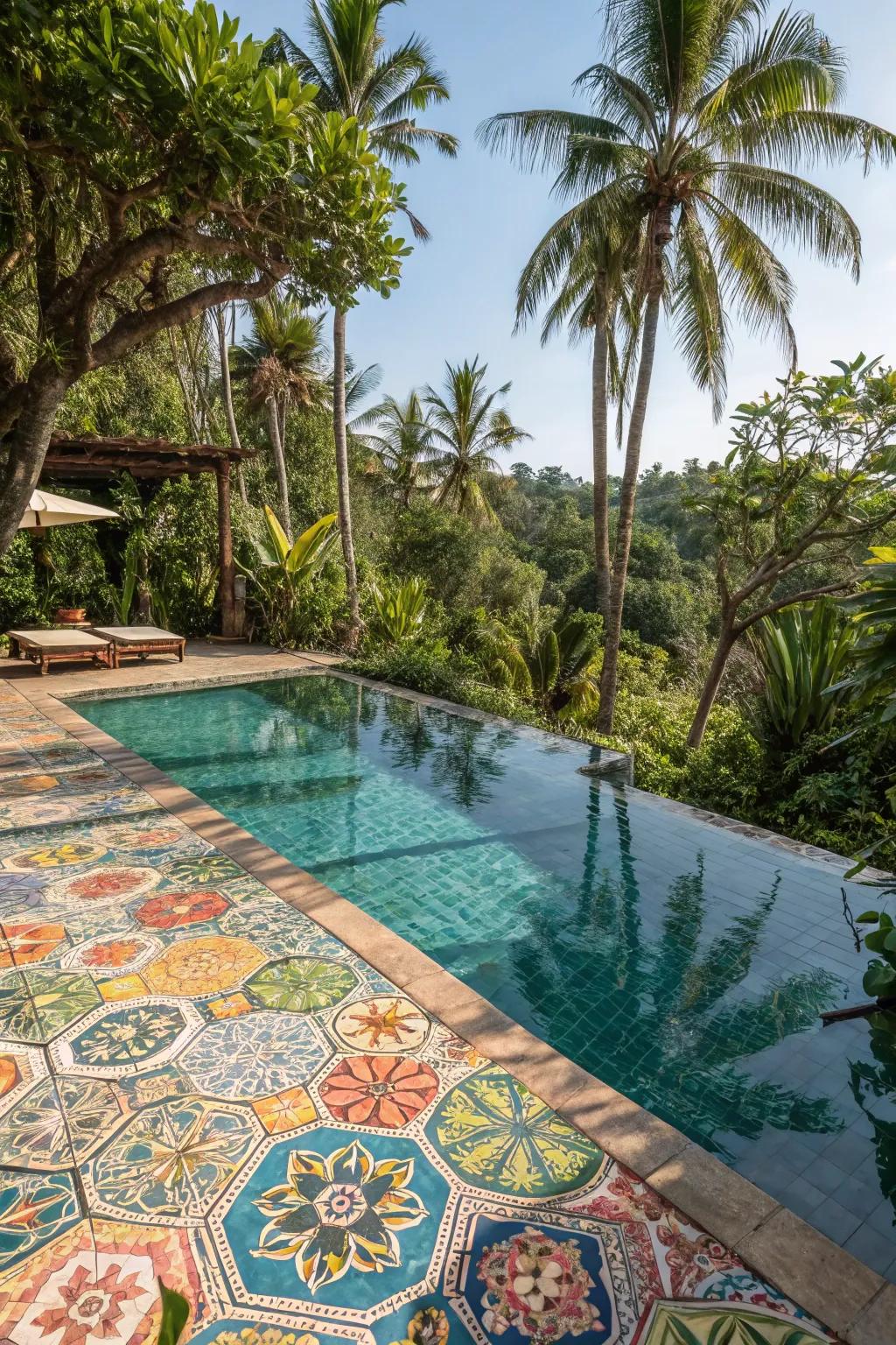 Mosaic tile art adds a unique and colorful touch to your pool.