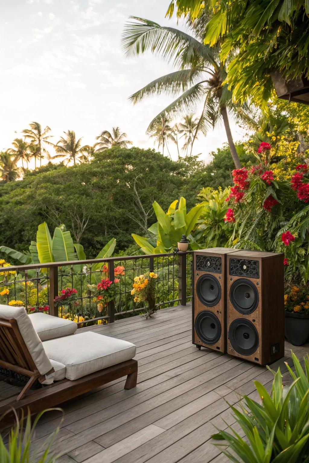 Outdoor speakers add a festive vibe to the tropical deck.