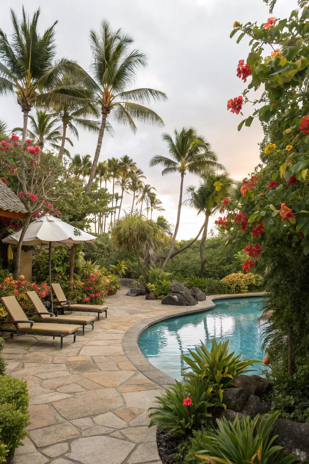 Tropical plants by the pool create a resort-like atmosphere.