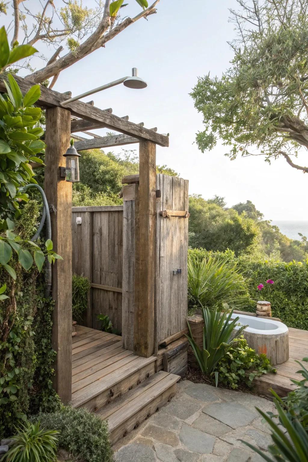 Create a cozy, rustic retreat with reclaimed wood elements in your shower.