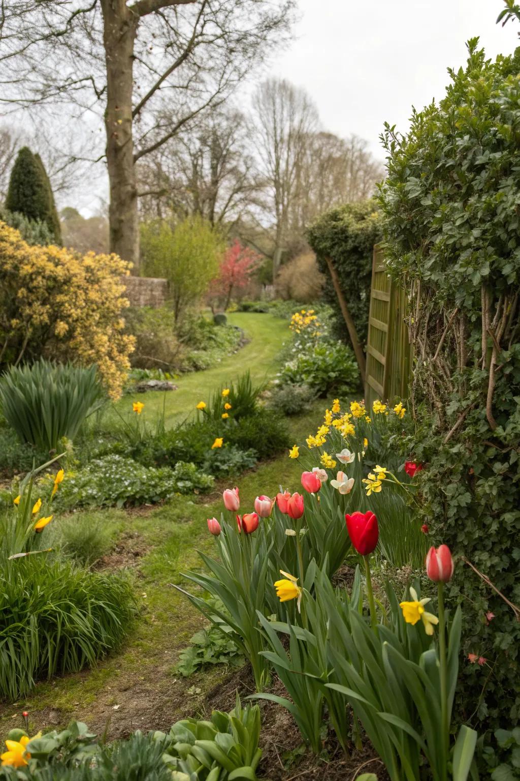 Surprise pops of tulips and daffodils in a hidden garden corner.