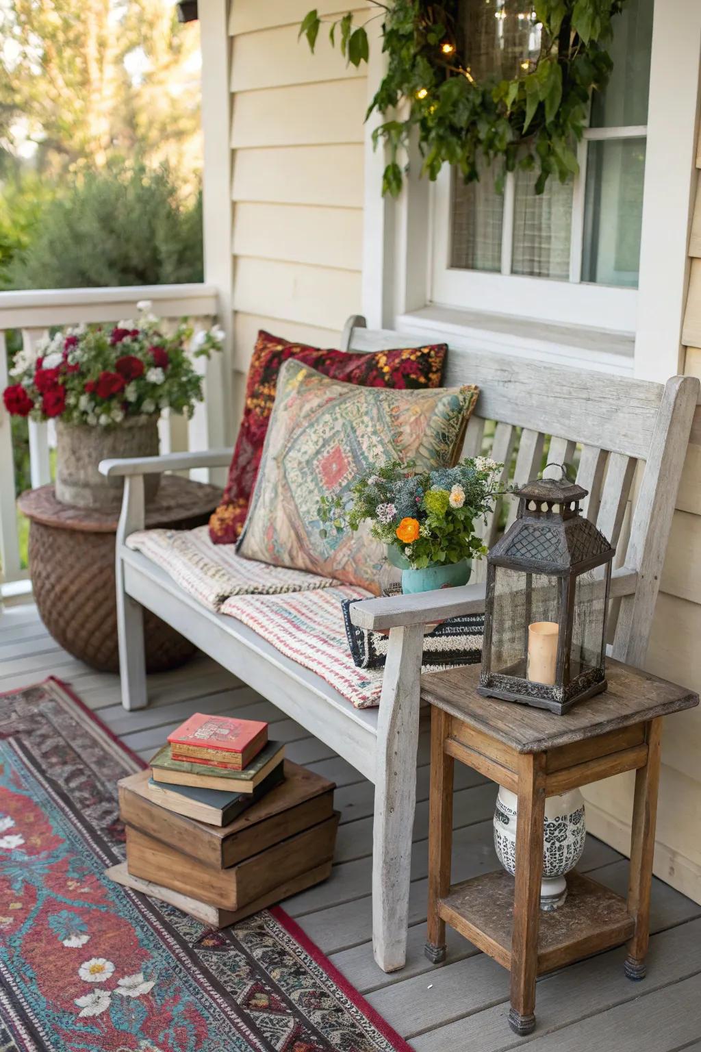Personal touches create a welcoming and unique porch atmosphere.