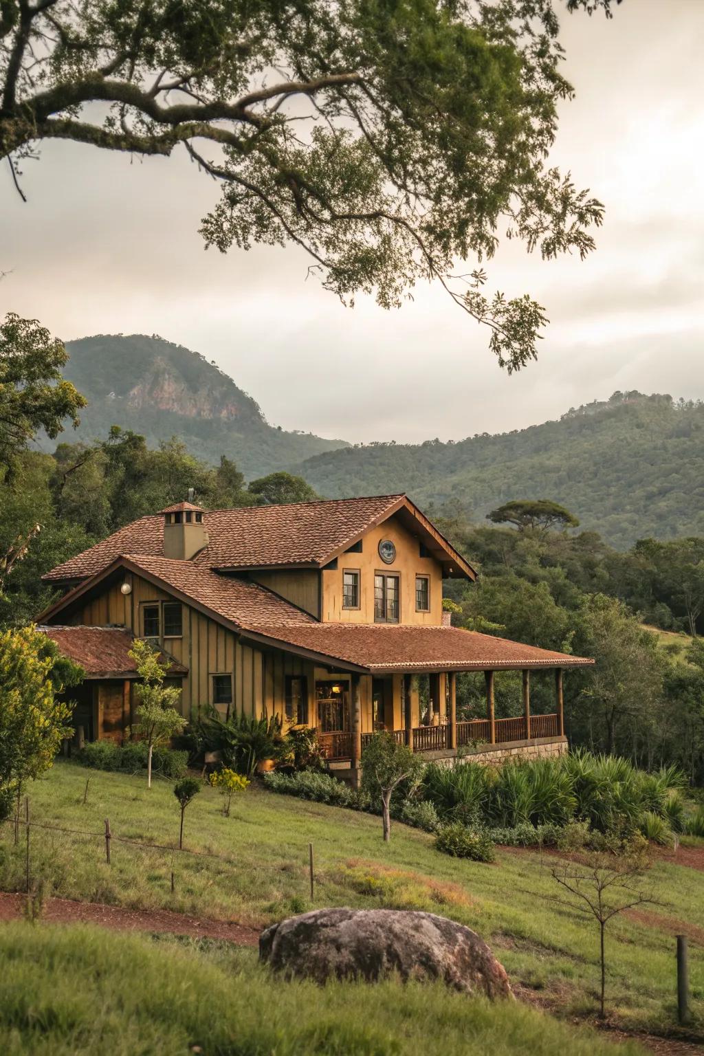 Rustic brown and olive create a warm, harmonious exterior for this home.