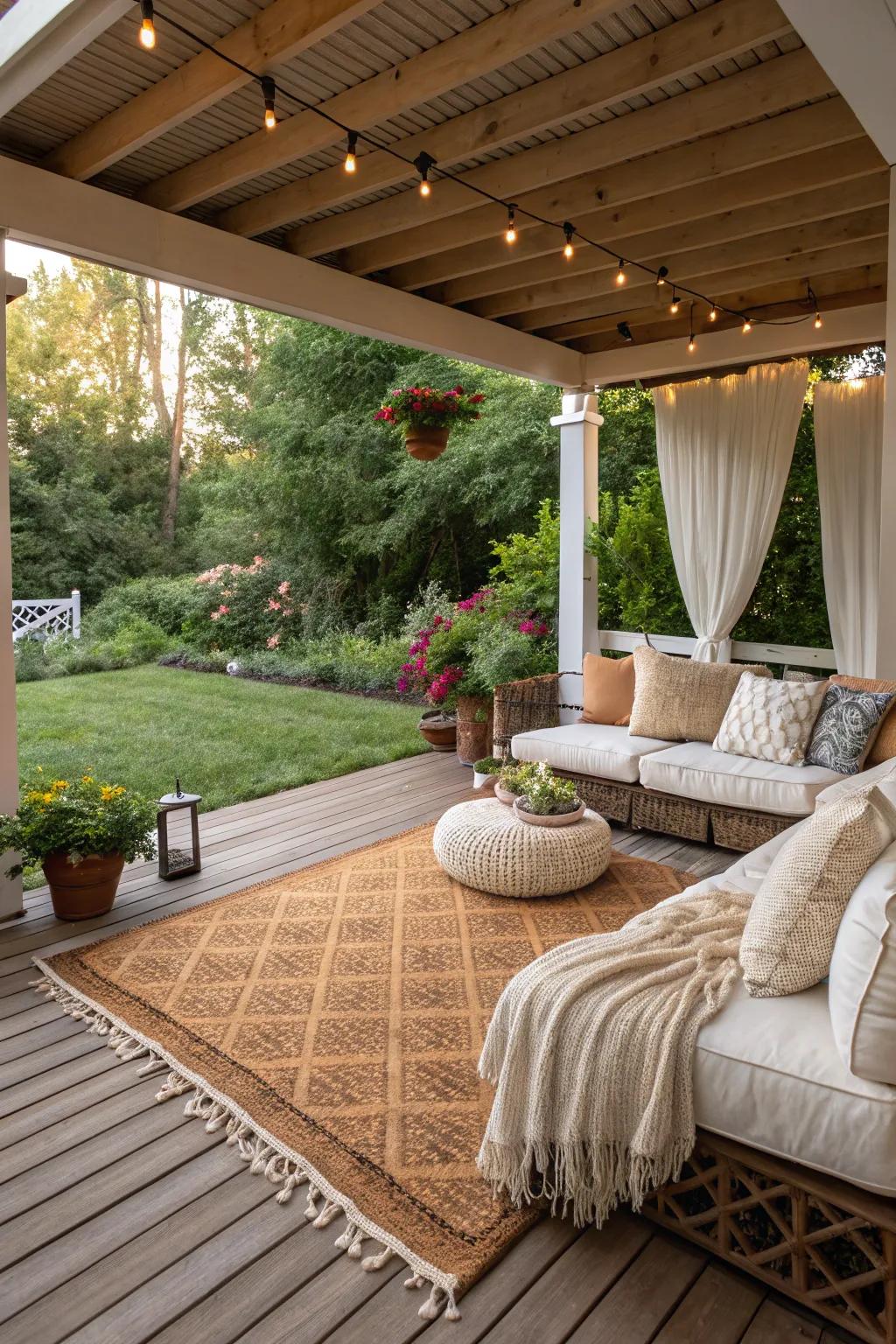 Define your space with a stylish outdoor rug for added comfort.