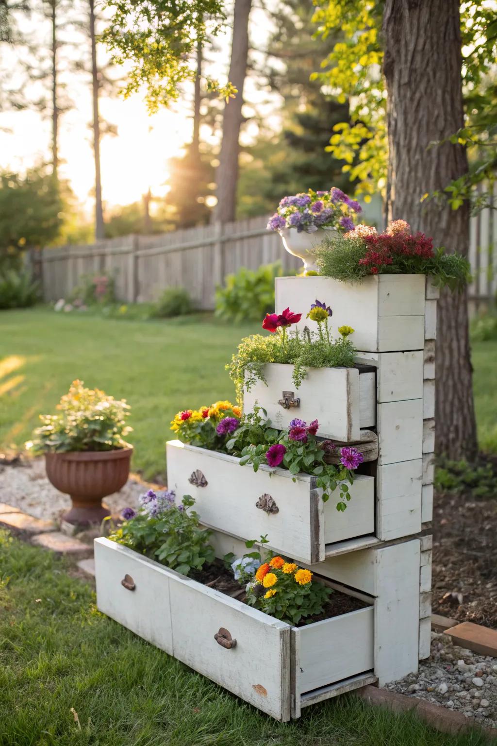 Stacked drawers offer a creative and space-saving planting solution.