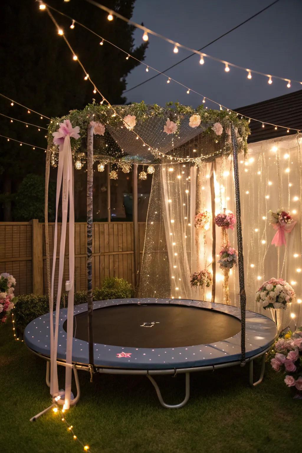 Create a fairy tale setting under your trampoline with lights and whimsical decor.